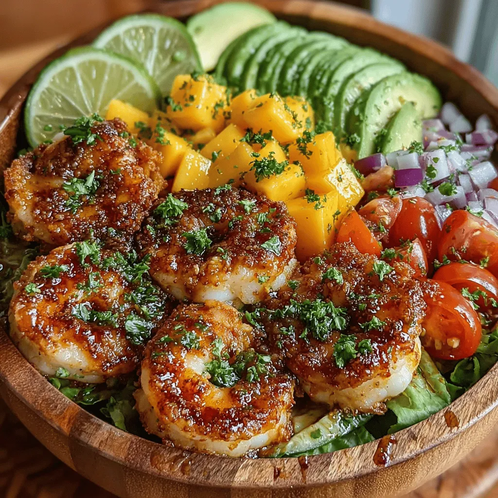 The Tropical Bliss Mango & Shrimp Salad Bowl features a medley of key ingredients, each bringing its own unique health benefits and flavors to the dish: