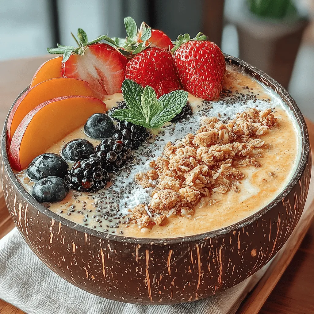 The Sunny Peach Paradise Smoothie Bowl is a delightful and refreshing dish that perfectly embodies the essence of summer in every bite. This vibrant, colorful bowl is not just a treat for the eyes; it is a nourishing blend of delicious flavors and wholesome ingredients, making it an ideal choice for breakfast or a healthy afternoon snack. Imagine indulging in the natural sweetness of ripe peaches and bananas, complemented by the rich creaminess of Greek yogurt, all topped with your favorite crunchy additions. This smoothie bowl is not only a feast for your taste buds but also a visual delight that can brighten up your day.