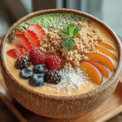 The Sunny Peach Paradise Smoothie Bowl is a delightful and refreshing dish that perfectly embodies the essence of summer in every bite. This vibrant, colorful bowl is not just a treat for the eyes; it is a nourishing blend of delicious flavors and wholesome ingredients, making it an ideal choice for breakfast or a healthy afternoon snack. Imagine indulging in the natural sweetness of ripe peaches and bananas, complemented by the rich creaminess of Greek yogurt, all topped with your favorite crunchy additions. This smoothie bowl is not only a feast for your taste buds but also a visual delight that can brighten up your day.